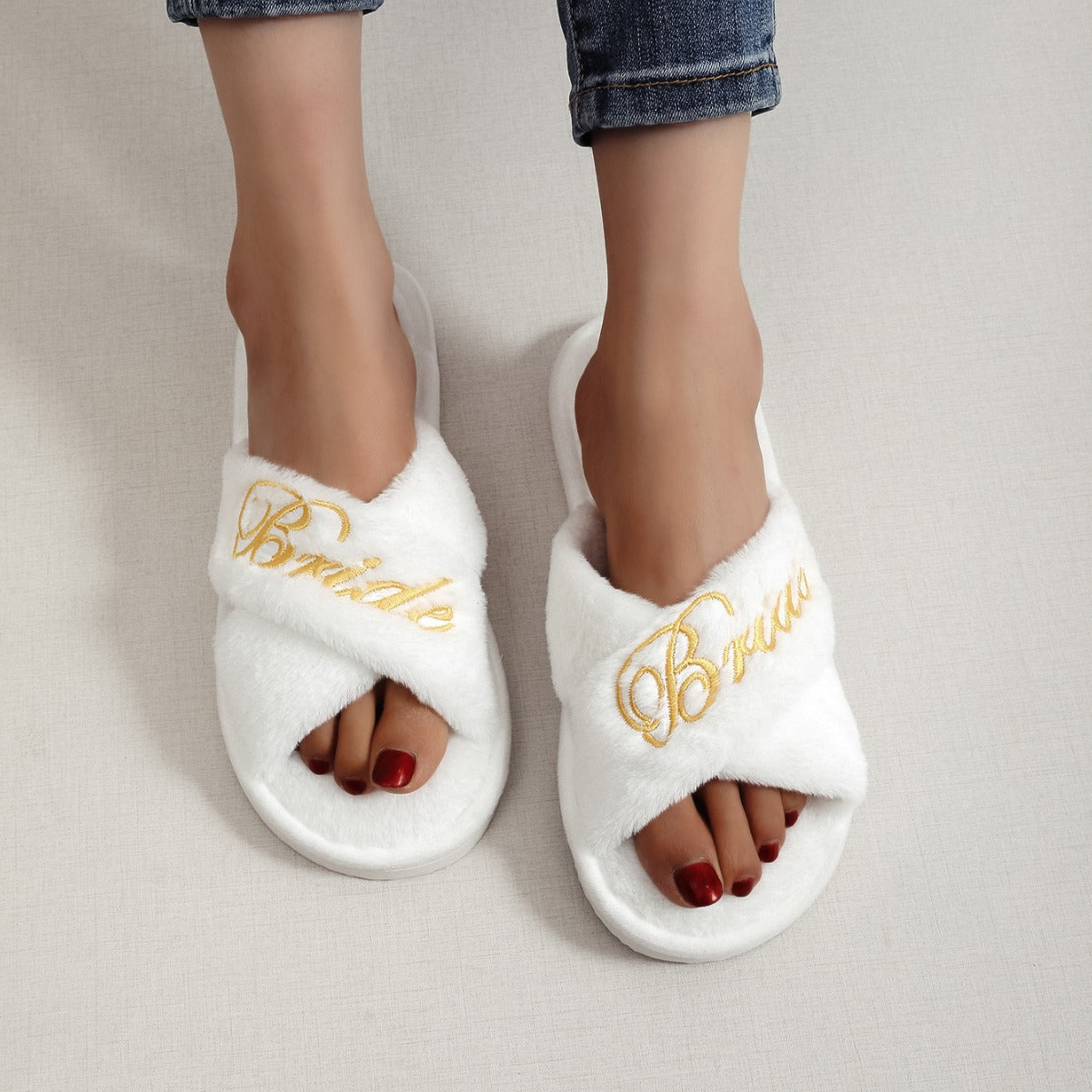 Embroidered Fur Slippers Wedding Bride Furry Fluffy Slippers for Women