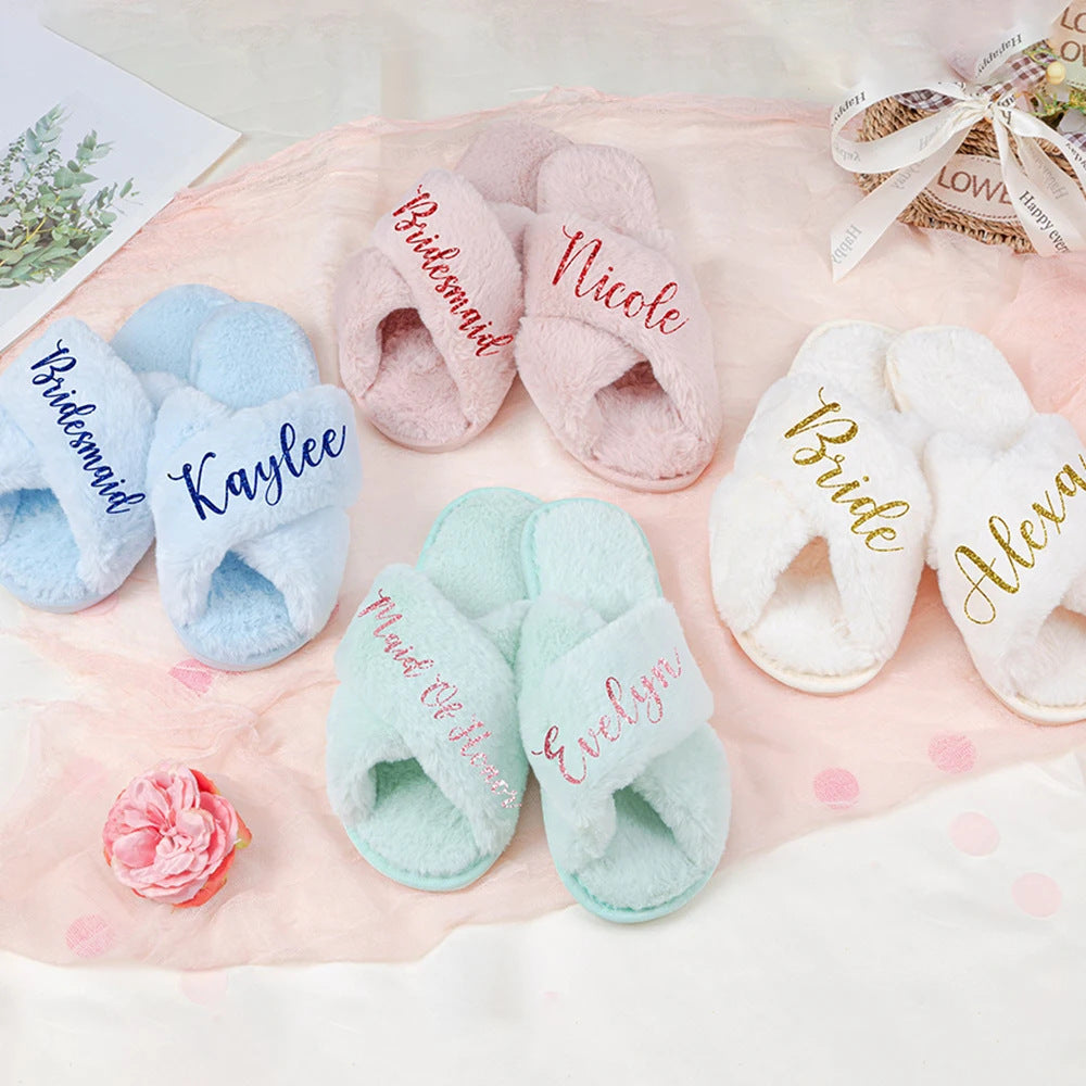 Personalized Cross Fluffy Slippers with Faux Fur Bridal Slippers Custom, Wedding Slippers for Bridal Bridesmaid