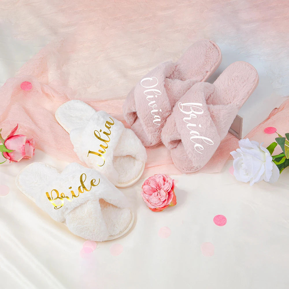 Personalized Cross Fluffy Slippers with Faux Fur Bridal Slippers Custom, Wedding Slippers for Bridal Bridesmaid