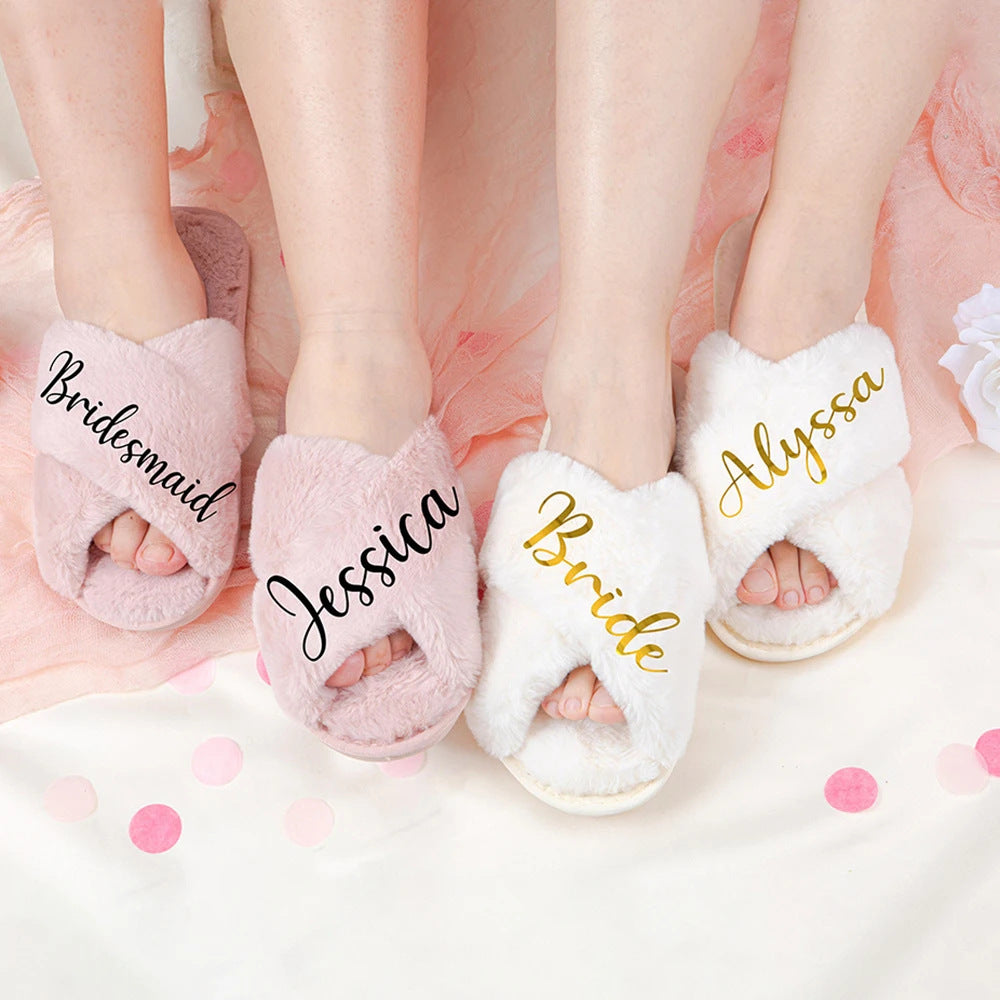 Personalized Cross Fluffy Slippers with Faux Fur Bridal Slippers Custom, Wedding Slippers for Bridal Bridesmaid