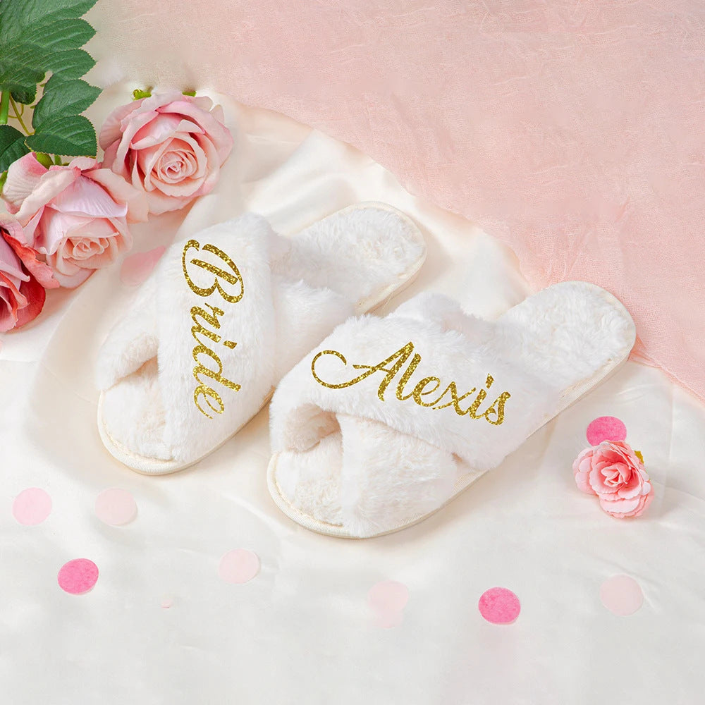 Personalized Cross Fluffy Slippers with Faux Fur Bridal Slippers Custom, Wedding Slippers for Bridal Bridesmaid